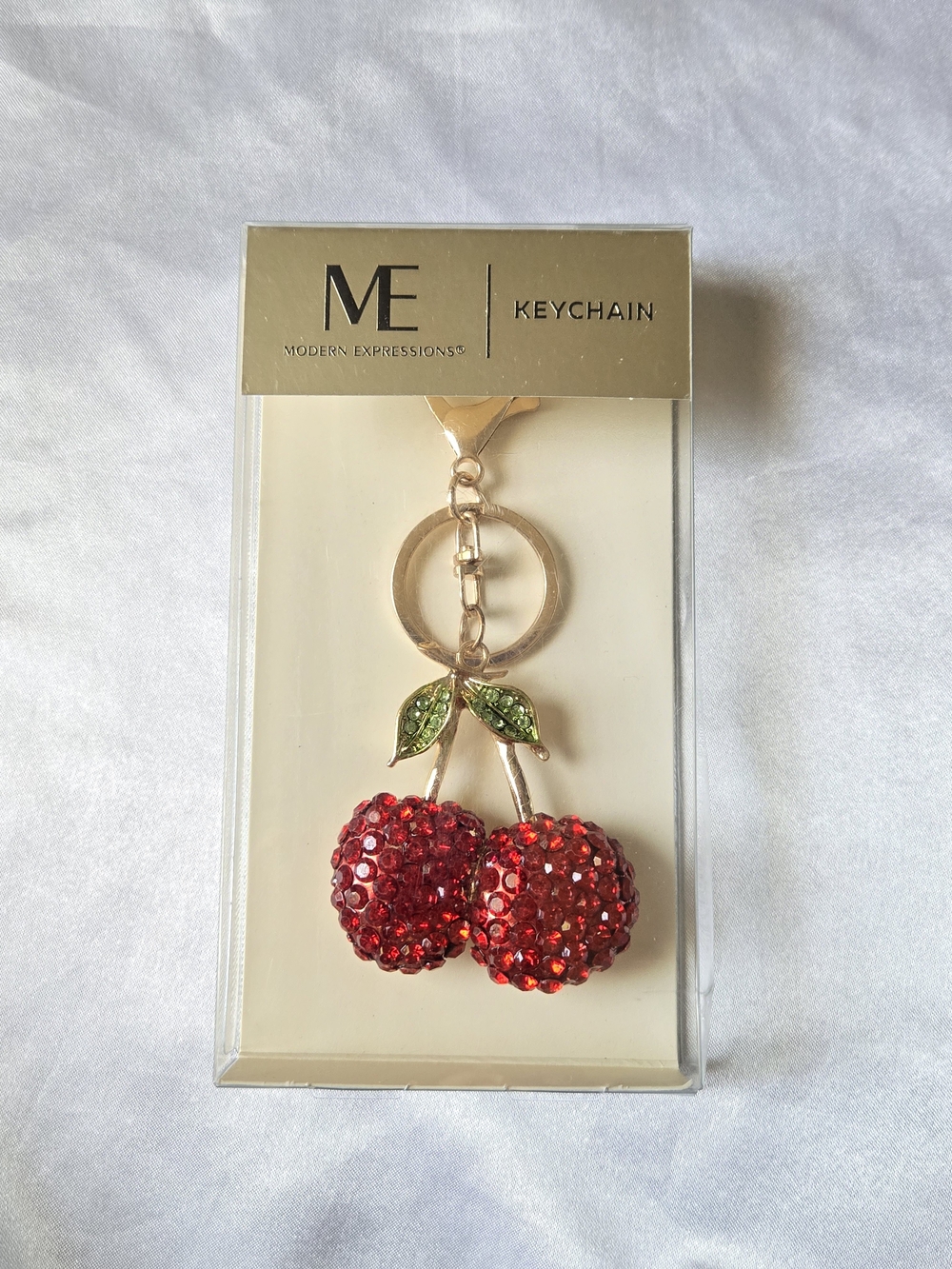 Modern Expressions Red Crystal Cherry Keychain with Green Leaves